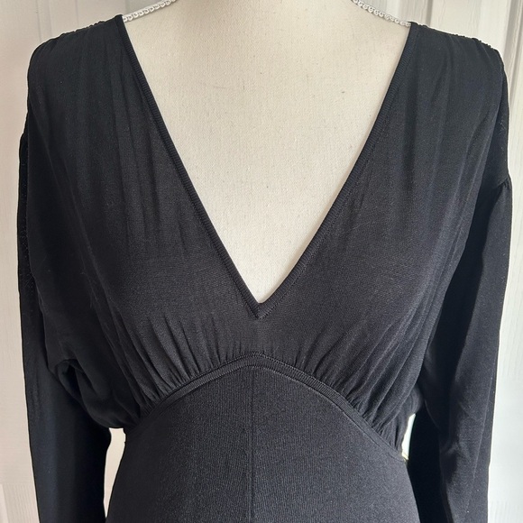 NWT ZARA Long Black Dress, Pleated at Waist, V Collar, Size Small - Picture 2 of 7